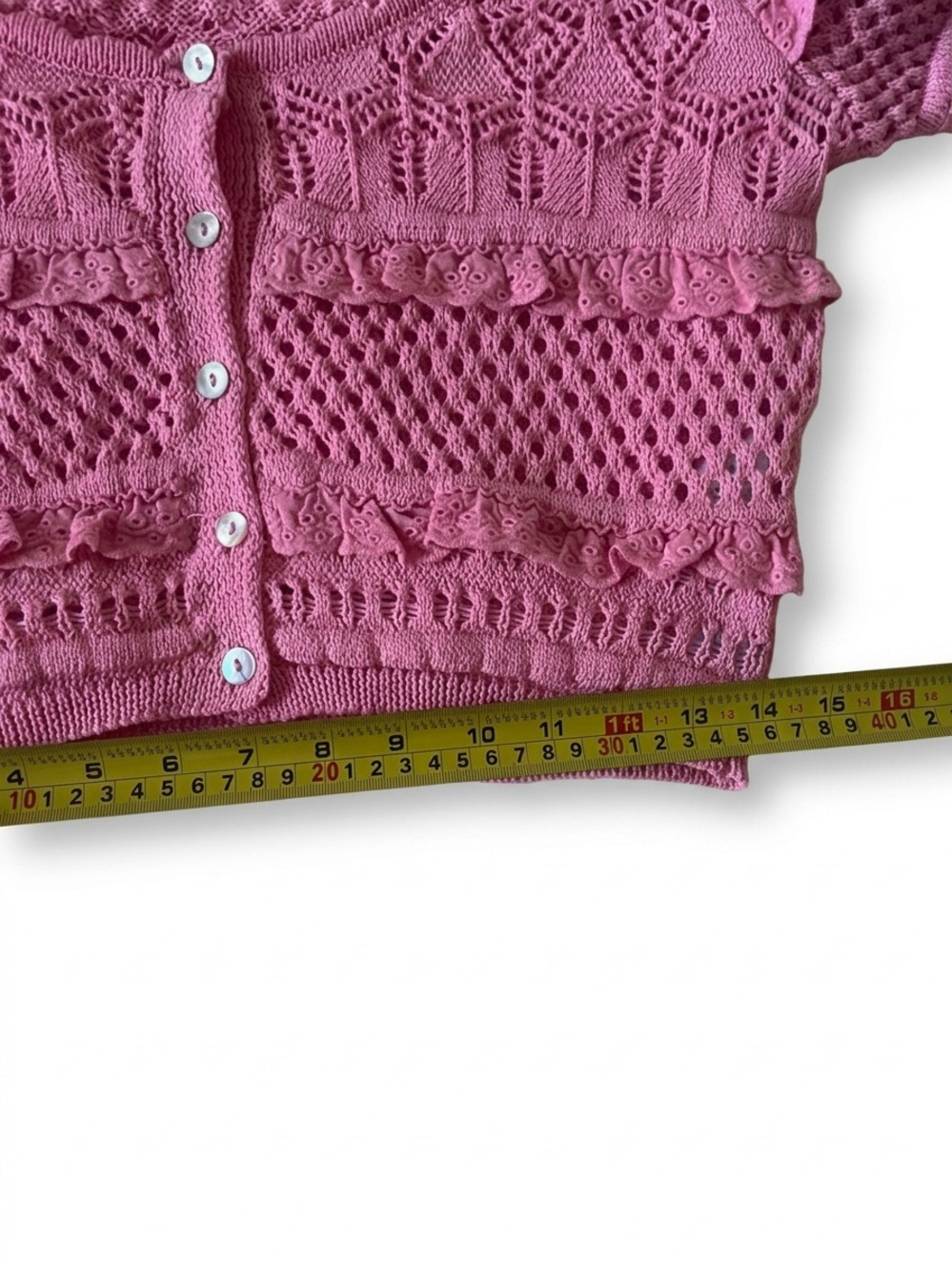 Zara Pink Crochet Ruffle Knit Cardigan Crop Top Short Sleeve Size Small - Picture 10 of 10